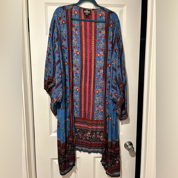 Angie Vintage Bohemian Multicolor Floral Blue Kimono Coverup Cardigan Flowy Top - Picture 8 of 14